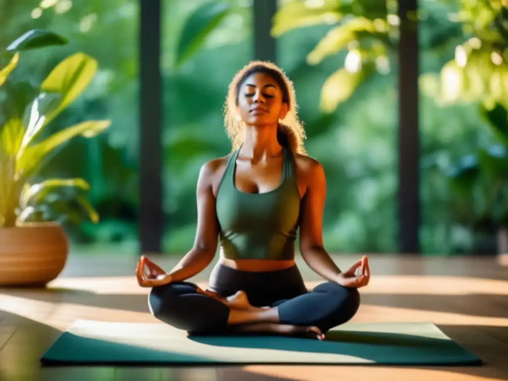 Persona meditando en un entorno natural, con luz solar entre las hojas