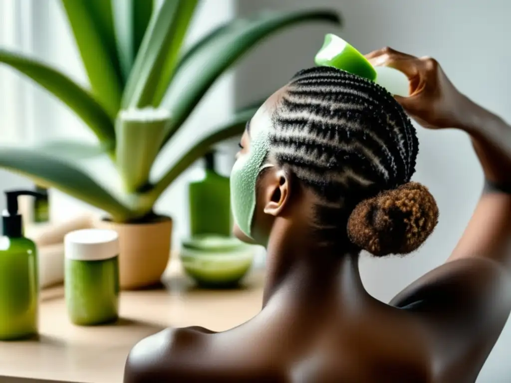 Una persona aplica una mascarilla capilar casera de aloe vera en un baño moderno, enfocándose en los ingredientes naturales y la textura del cabello.