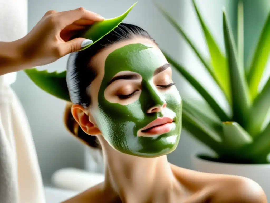 Una persona aplica suavemente una mascarilla casera de aloe vera para el cabello, en un baño relajante con luz natural, transmitiendo calma y cuidado capilar natural