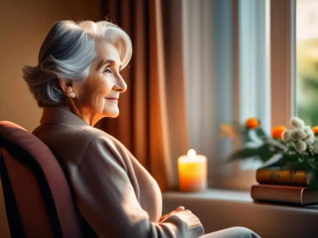 Una persona mayor contempla serenamente la vista desde su cómoda silla, con el cabello plateado iluminado por la suave luz del sol