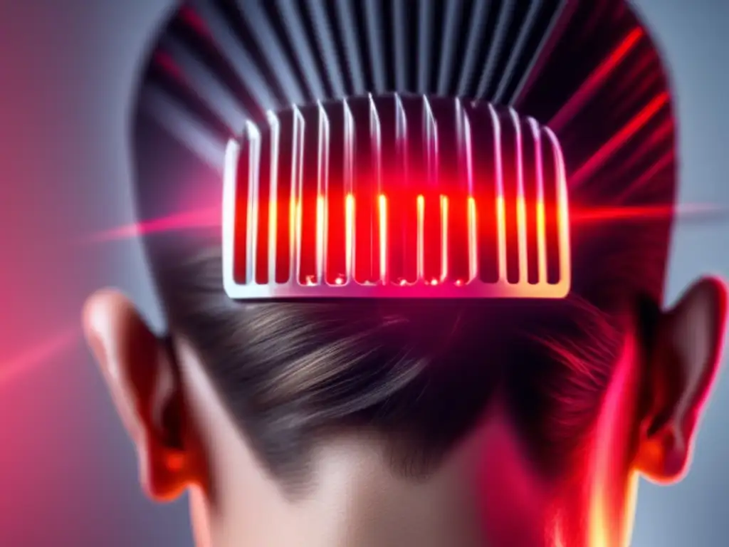 'Persona usando peine láser para pérdida cabello, con detalle del dispositivo emitiendo luz roja en el cuero cabelludo, tecnología de vanguardia para cuidado capilar