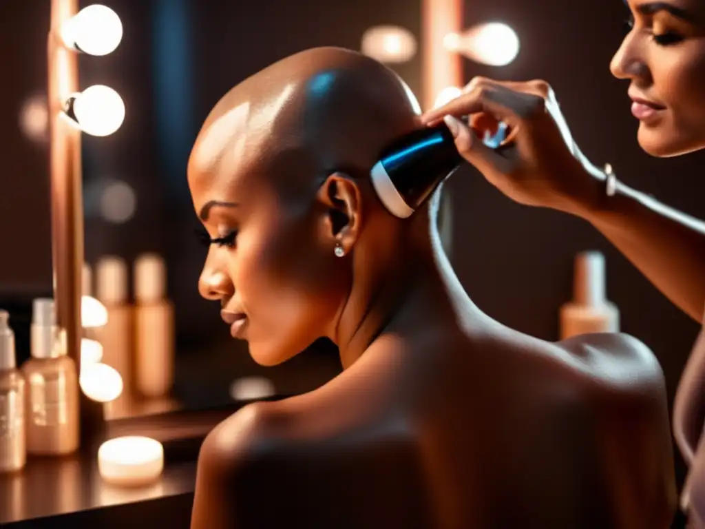 Una persona reflexiva se mira en el espejo, tocando su cabeza calva, rodeada de productos para el cuidado del cabello