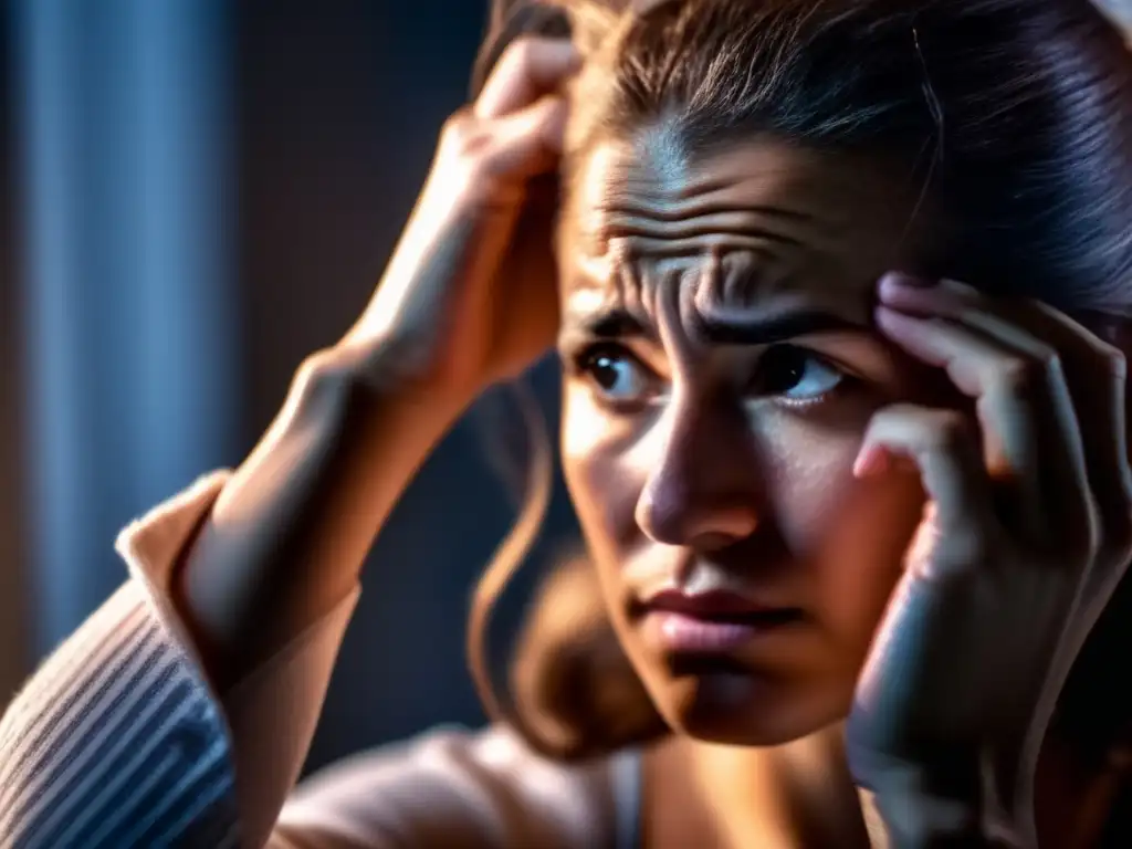 Persona reflexiva mirándose en el espejo, preocupada por la pérdida de cabello