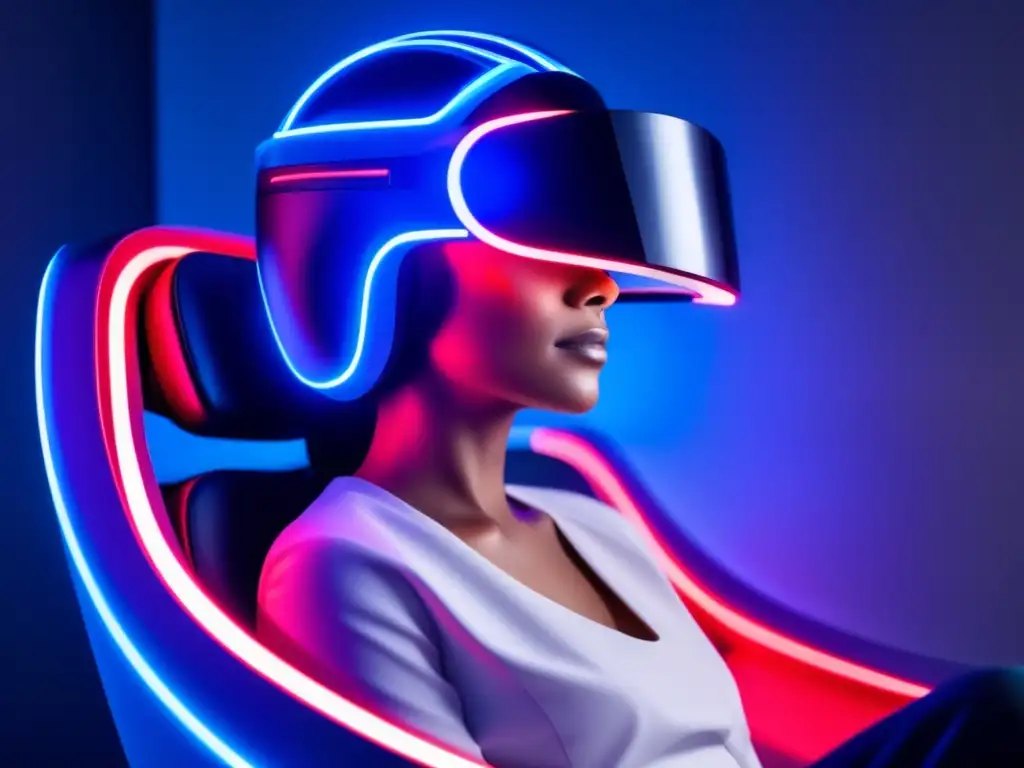 Una persona relajada en clínica moderna con casco de fototerapia para pérdida de cabello, irradiando tranquilidad y avance científico