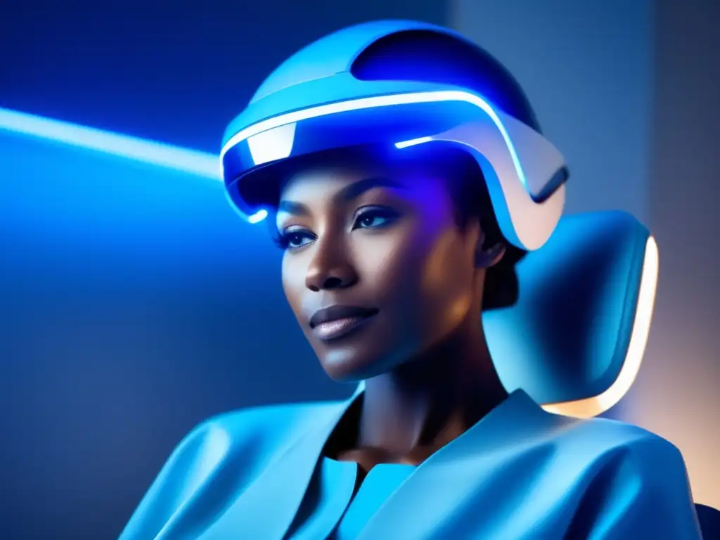 Una persona relajada en una clínica moderna con un casco futurista emitiendo luz azul suave