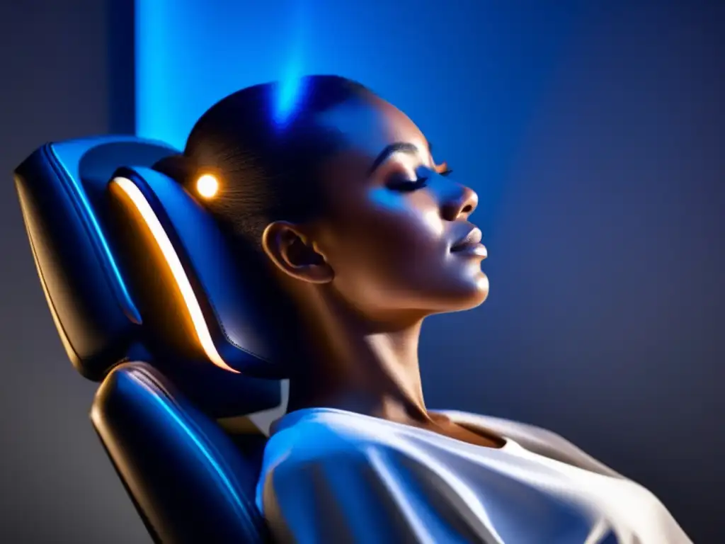 Persona relajada en clínica moderna con fototerapia para pérdida de cabello, luz cálida crea atmósfera serena y tecnológica