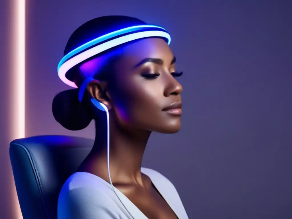 Persona relajada usando dispositivo wearable para tratamiento de alopecia en ambiente futurista con luces suaves