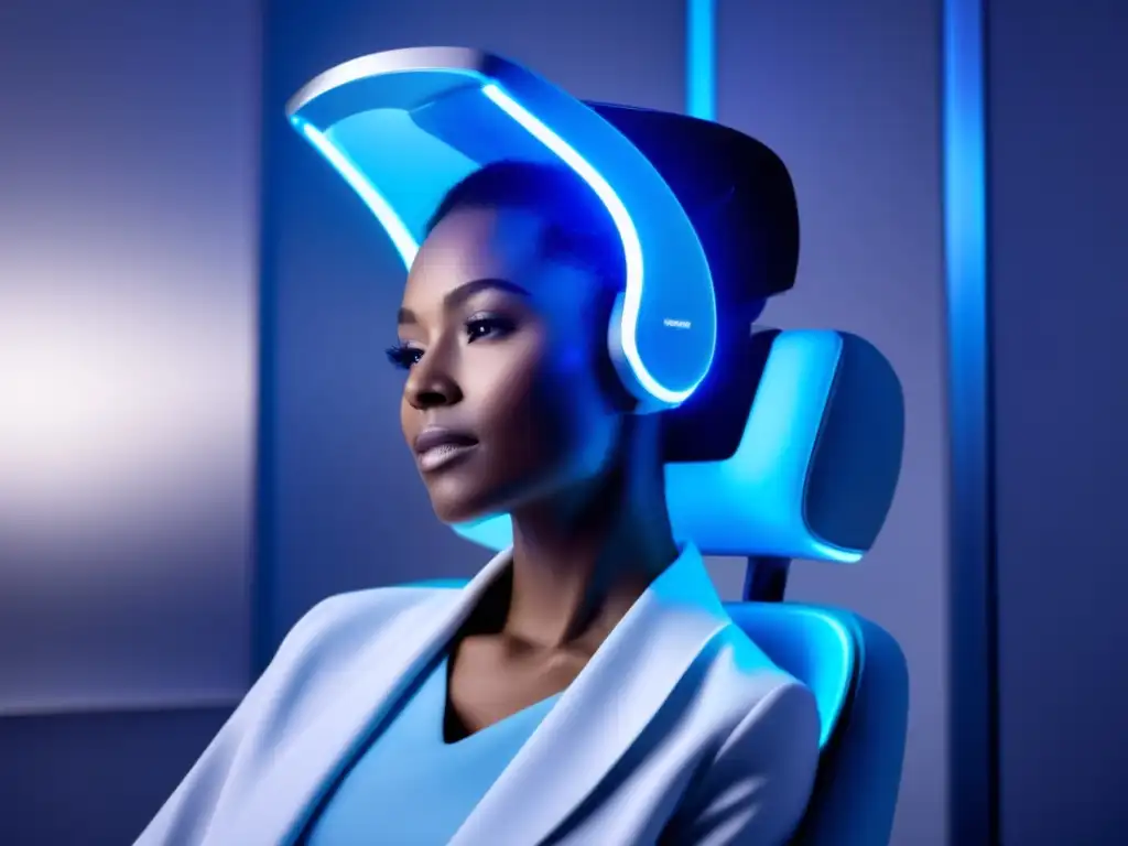 Una persona relajada recibe fototerapia para pérdida de cabello en una clínica moderna, con un dispositivo futurista emitiendo luz azul