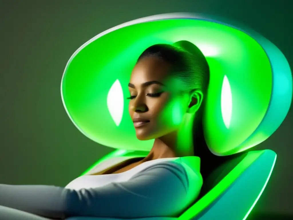 Terapia de luz verde: relajación moderna y efectiva Una persona relajada en una silla moderna recibe terapia de luz verde para cuero cabelludo, creando una atmósfera serena y calmada