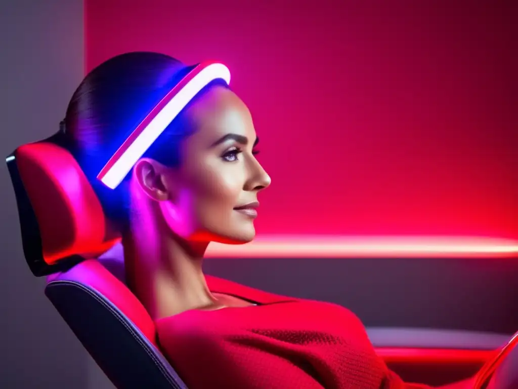 Tratamiento de terapia LED roja para la pérdida de cabello en silla moderna Una persona relajada recibe terapia con luz LED roja para calvicie en una silla moderna, con un dispositivo LED sobre su cabeza
