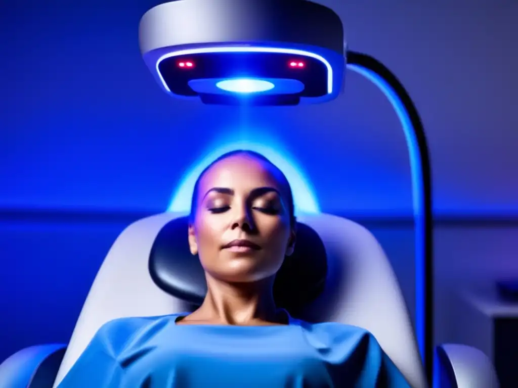 Terapia láser para la pérdida de cabello: confianza y modernidad Persona relajada recibe terapia láser frío pérdida cabello en ambiente profesional y moderno