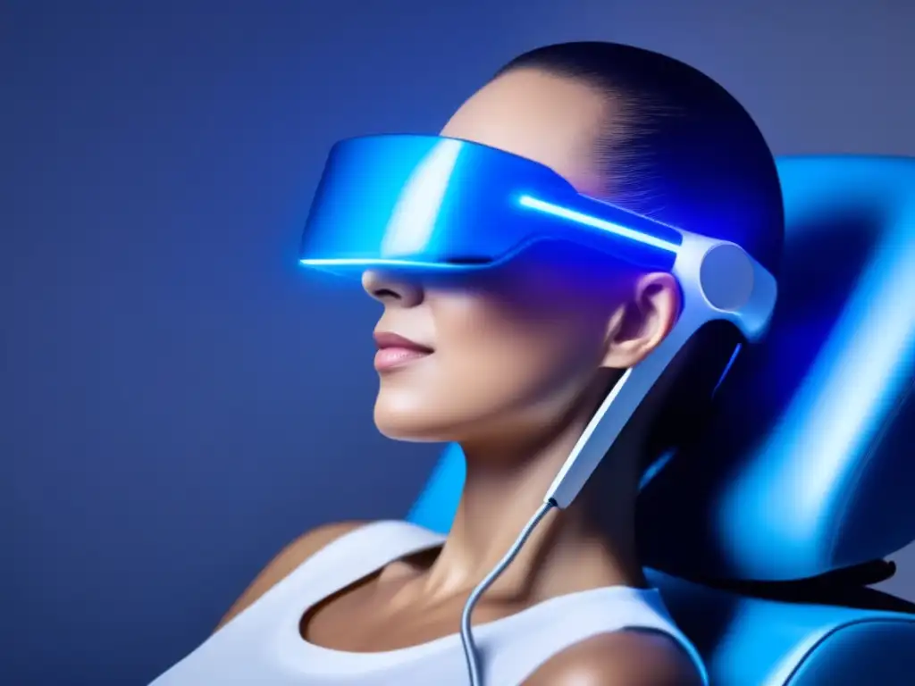 Terapia láser para la caída del cabello: tecnología avanzada en acción Una persona relajada recibe terapia láser frío pérdida cabello en silla moderna, con luz azul destacando tecnología avanzada