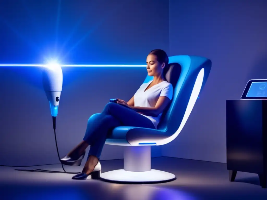 Tratamiento avanzado de pérdida de cabello con láser frío Persona relajada recibe terapia láser frío pérdida cabello en moderna sala iluminada en azul