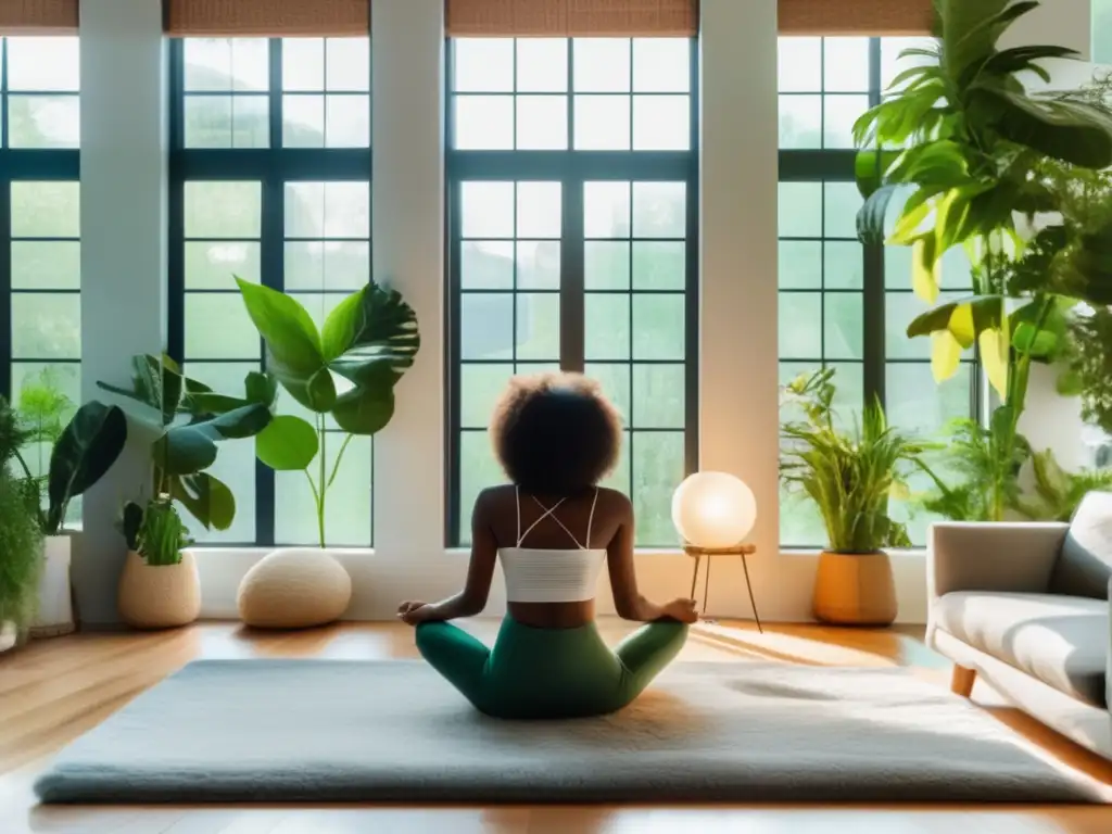 Persona meditando en sala luminosa, rodeada de plantas