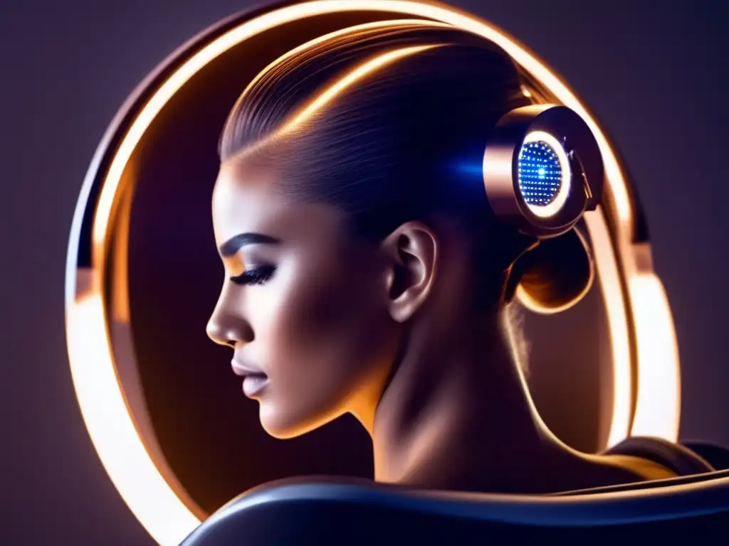 Persona en silla de salón con terapia de luz para cabello, ambiente profesional y futurista