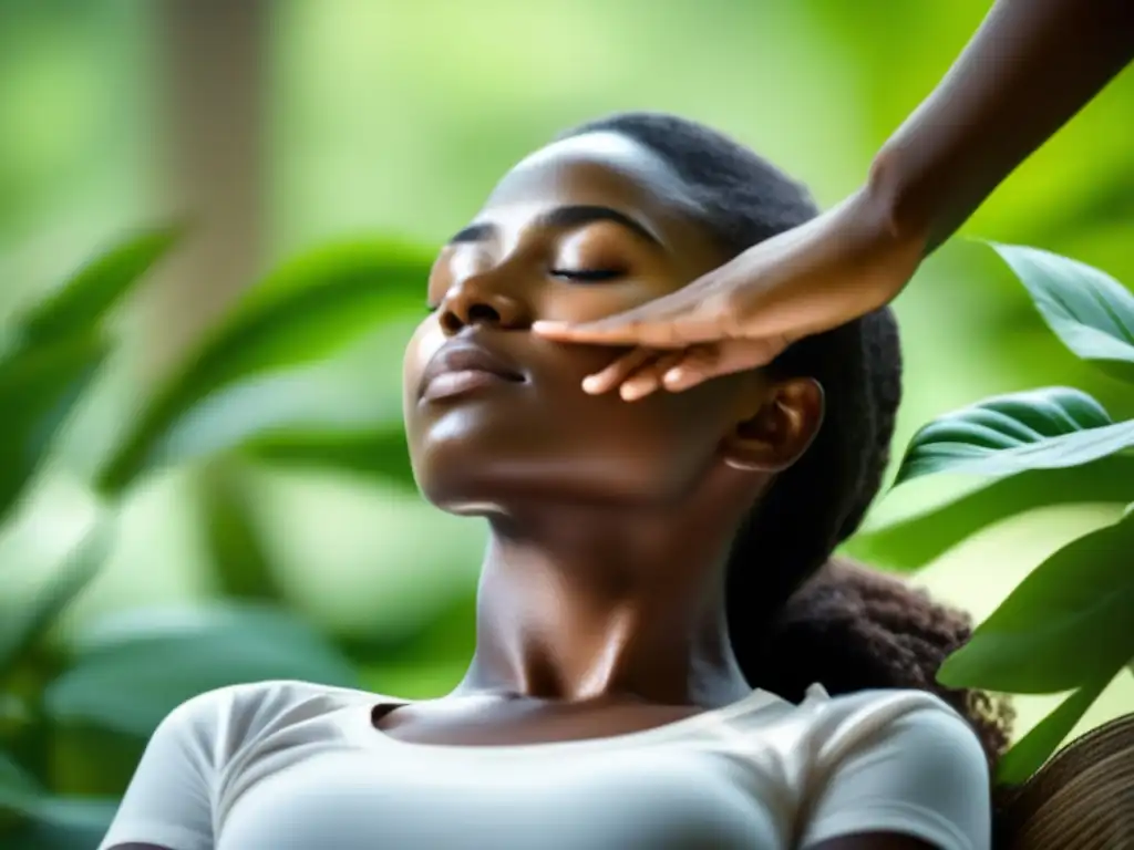 Una persona practica técnicas de relajación para pérdida de cabello en un entorno sereno, rodeado de naturaleza exuberante y luz natural suave.