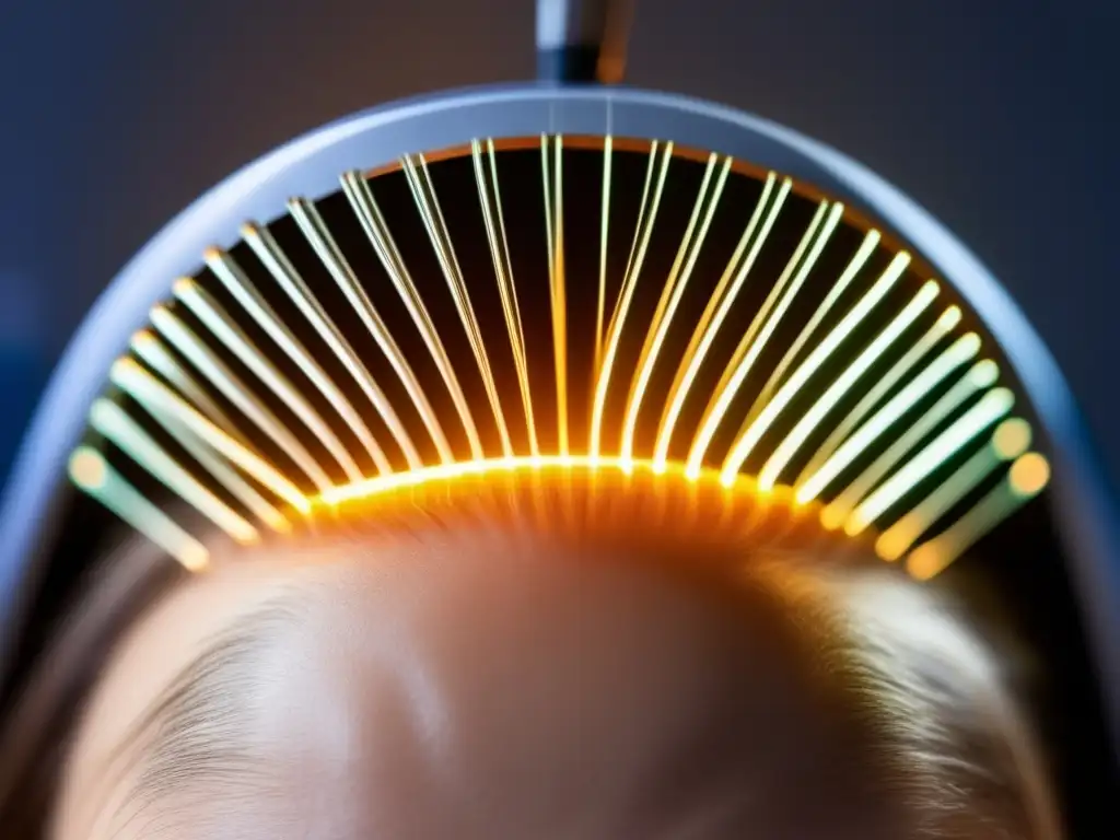 Terapia IPL de alta definición para crecimiento capilar Persona recibiendo Terapia IPL para crecimiento capilar con detalle ultra HD del tratamiento y dispositivo emitiendo luz en el cuero cabelludo