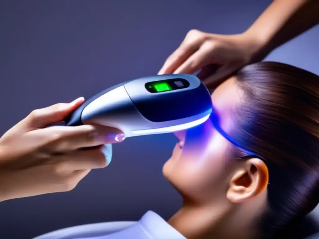 Terapia láser capilar moderna y efectiva en entorno profesional Una persona usa una terapia láser portátil para cabello en un entorno clínico profesional, con luces terapéuticas en el cuero cabelludo