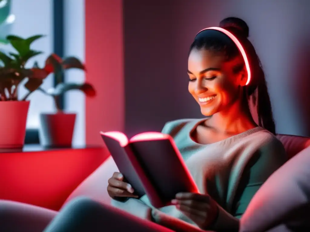 Terapia de luz LED roja para el cuero cabelludo en casa Persona disfrutando de la terapia con luz LED roja para calvicie en casa, creando un ambiente acogedor y relajante