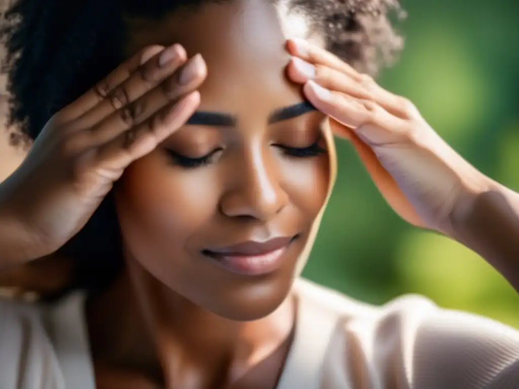 'Persona practicando mindfulness en terapia para pérdida de cabello, masajeando suavemente el cuero cabelludo con los ojos cerrados bajo luz natural relajante