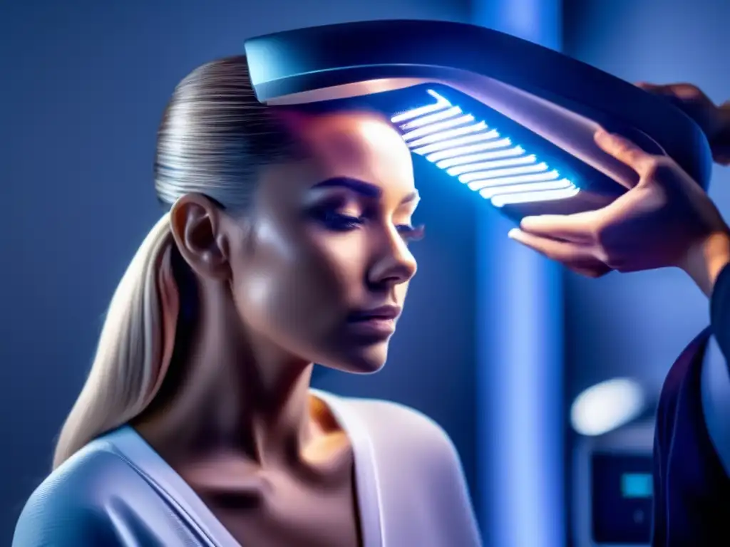 Persona recibiendo terapias de luz para cabello, mostrando el tratamiento profesional y la luz intensa en el cuero cabelludo