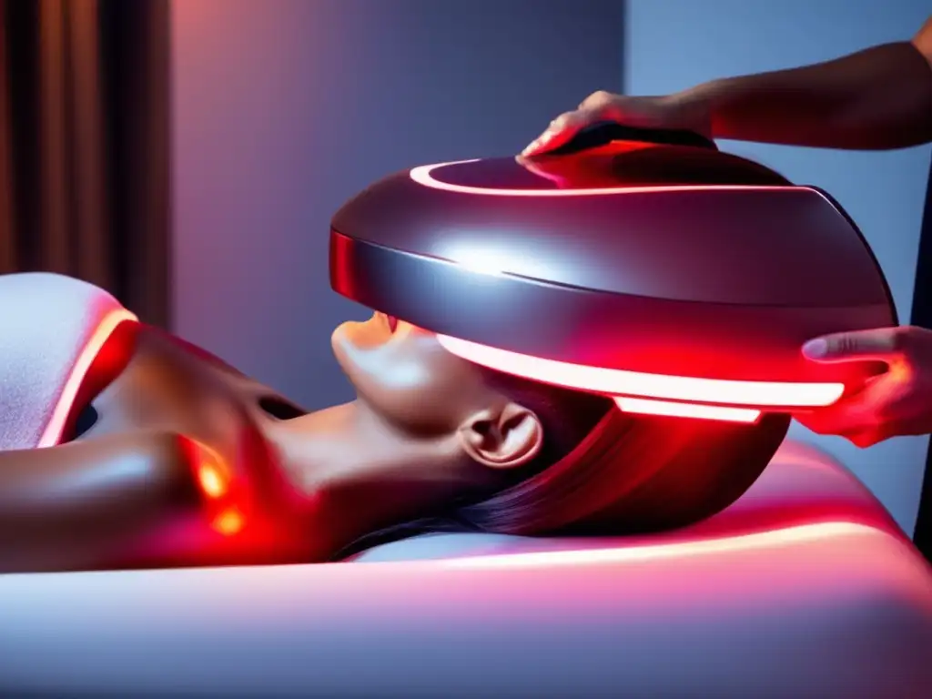 Persona recibiendo tratamiento capilar con dispositivo de terapia de luz infrarroja para avances tecnológicos tratamiento cabello infrarrojo