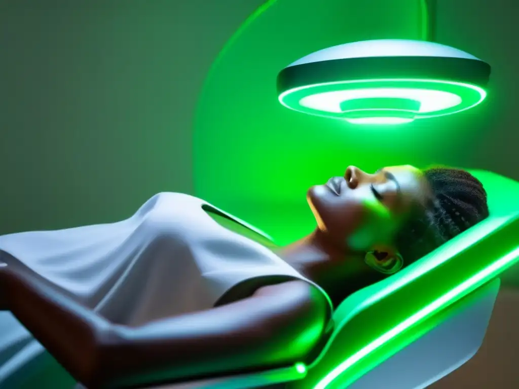 Tratamiento de terapia de luz verde para cuero cabelludo en clínica moderna Persona en tratamiento de terapia de luz verde para cuero cabelludo en clínica moderna, ambiente sereno y profesional