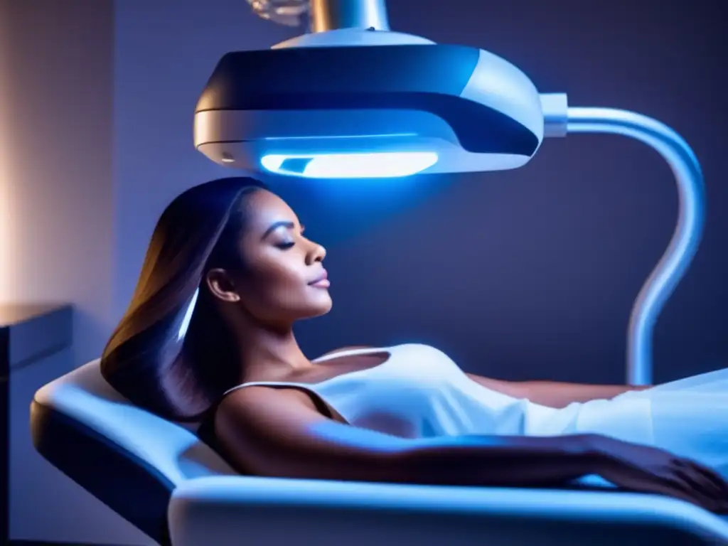 Terapia láser para cabello: Tecnología avanzada en clínica moderna Persona en tratamiento de terapia láser frío pérdida cabello en moderna clínica