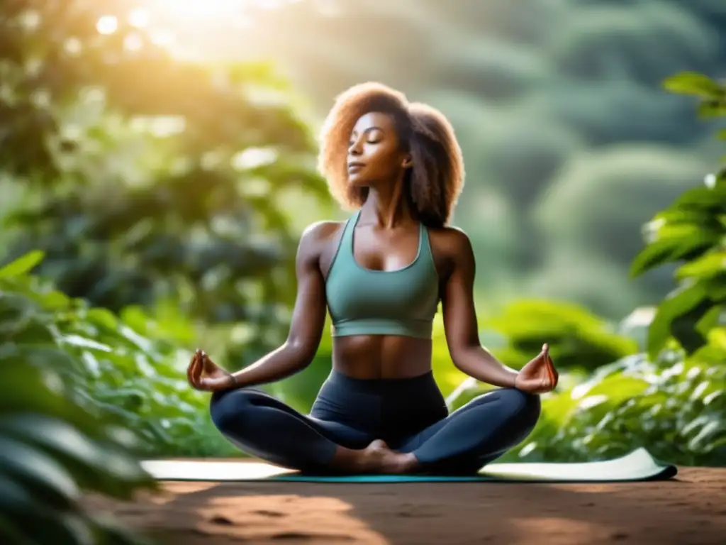 Una persona practicando yoga al aire libre, rodeada de exuberante vegetación y luz solar