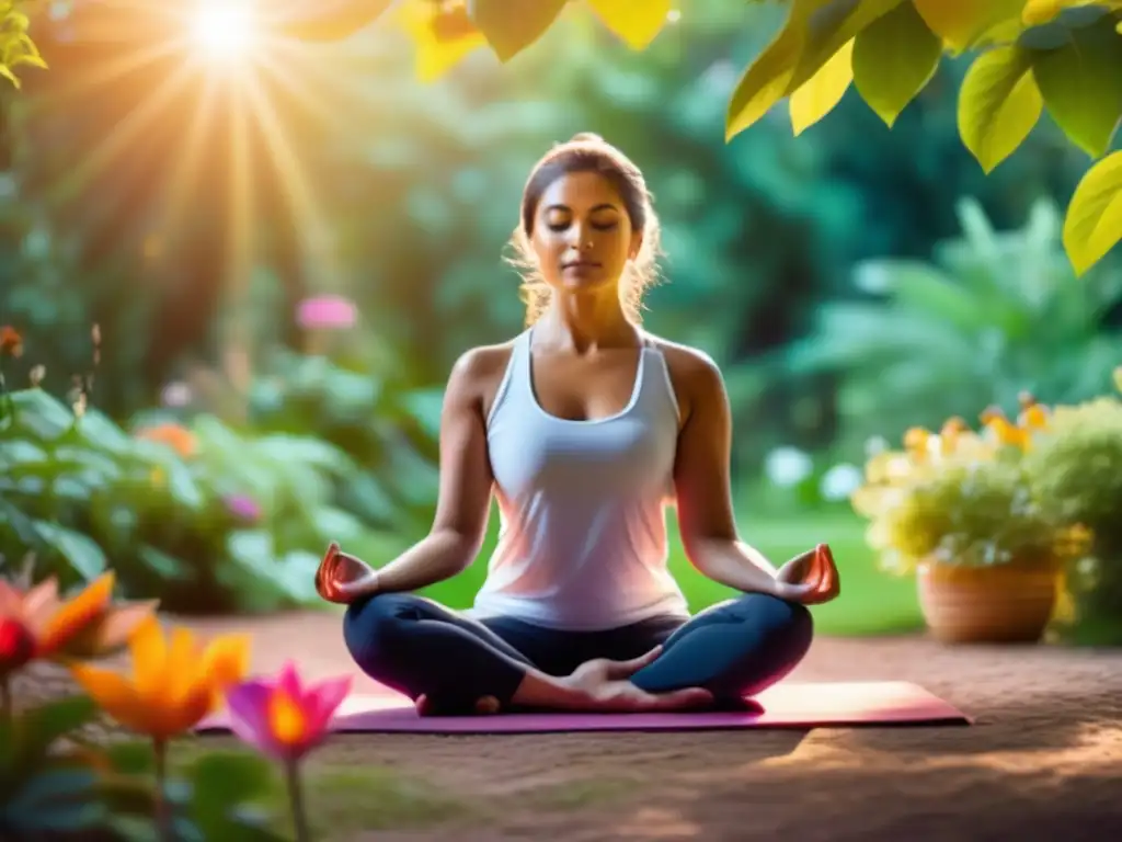 Persona practicando yoga y meditación en jardín tranquilo, gestionando estrés para mejorar inmunoterapia y estrés en cabello