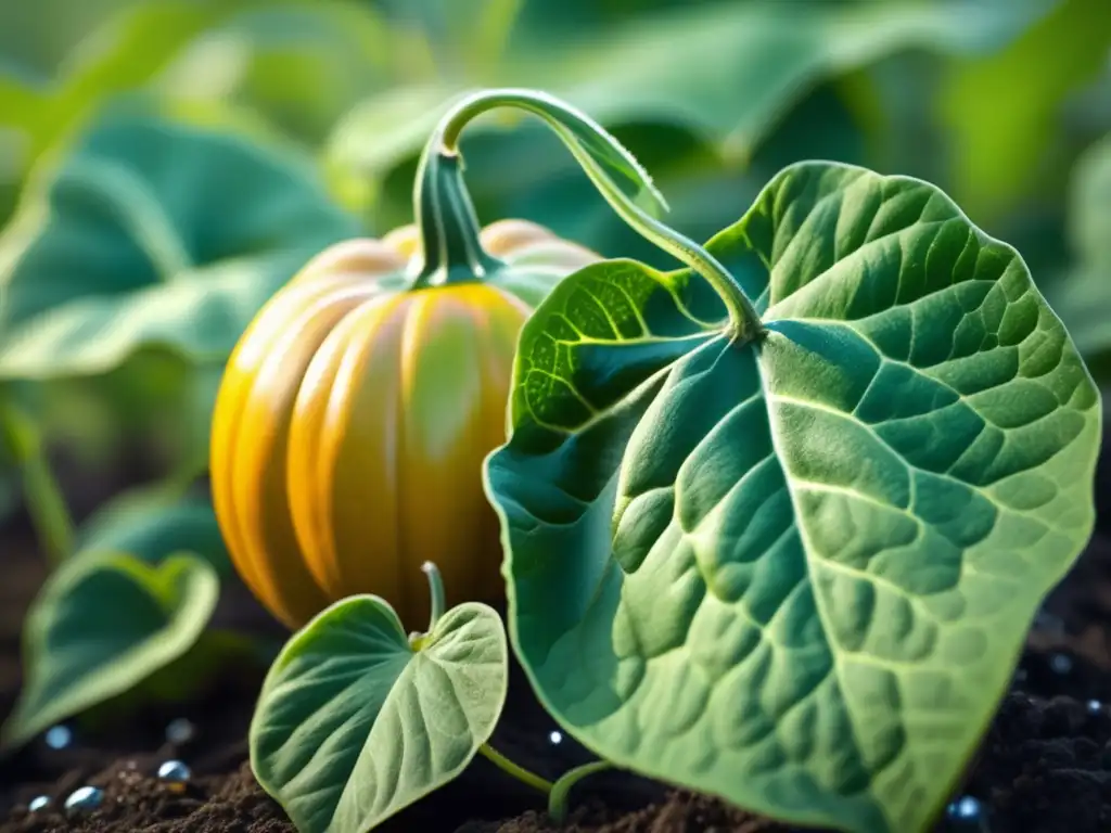 Planta de calabaza verde vibrante en un jardín orgánico, con hojas grandes y texturizadas, bañadas por la luz del sol