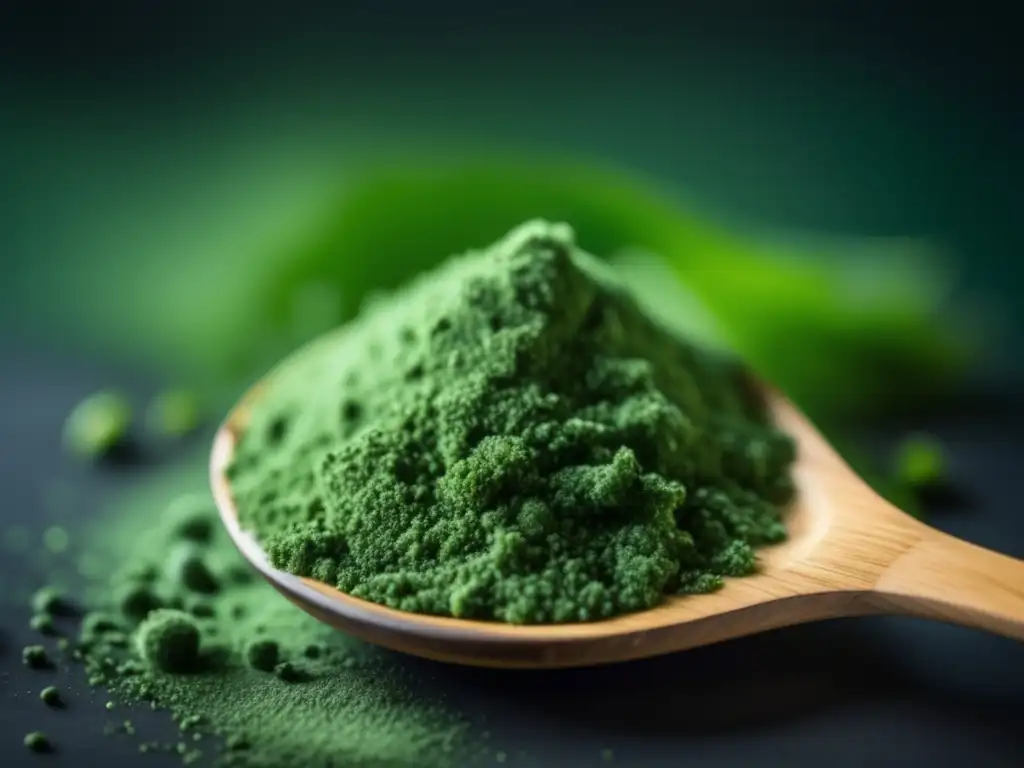 Un primer plano detallado de polvo de espirulina esparcido sobre un fondo oscuro, resaltando su vibrante color verde y fina textura