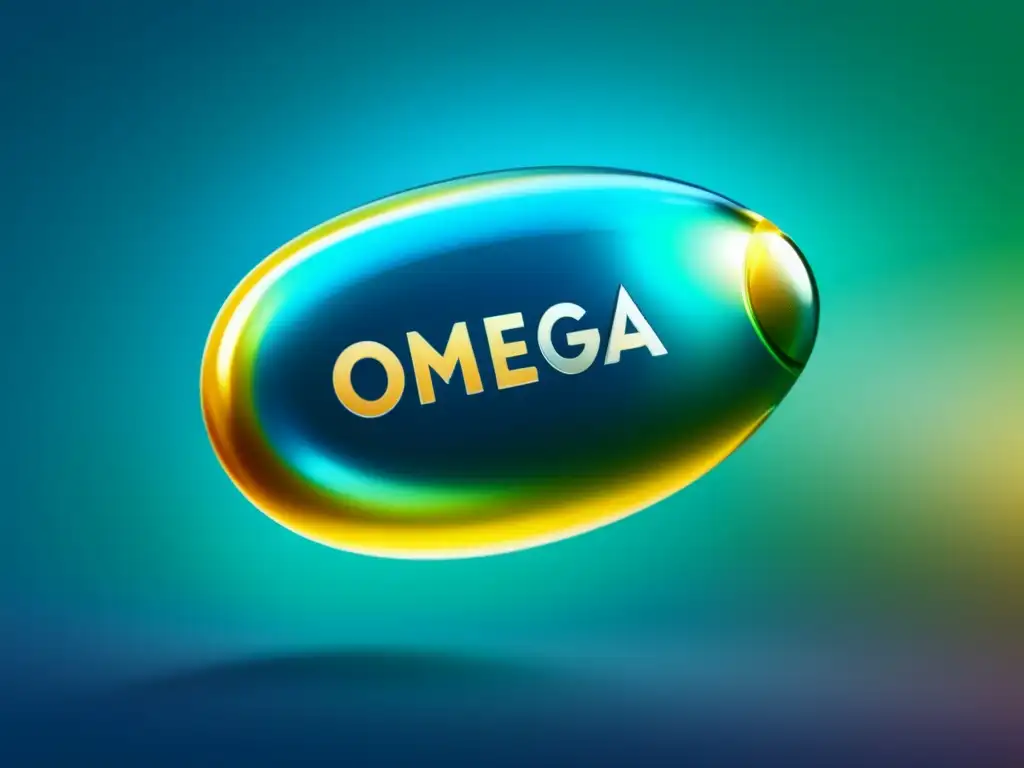 Un primerísimo plano ultradetallado de una cápsula de aceite de pescado, con textura intrincada y etiqueta de Omega3, reflejando la luz para crear un aspecto moderno y elegante