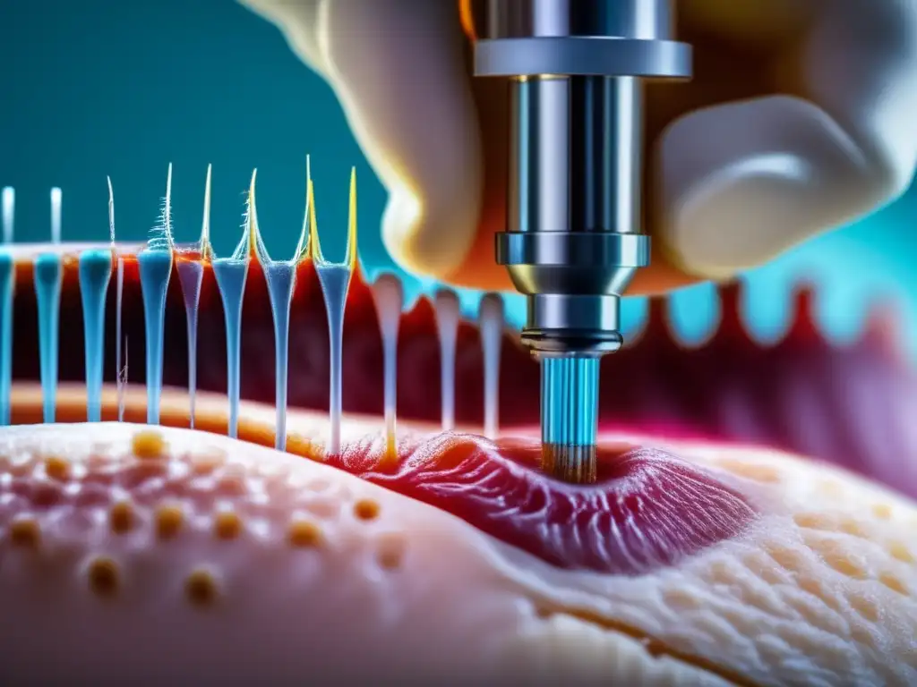 Procedimiento de trasplante capilar de alta precisión y avanzada tecnología médica, mostrando el delicado folículo capilar y la destreza del cirujano