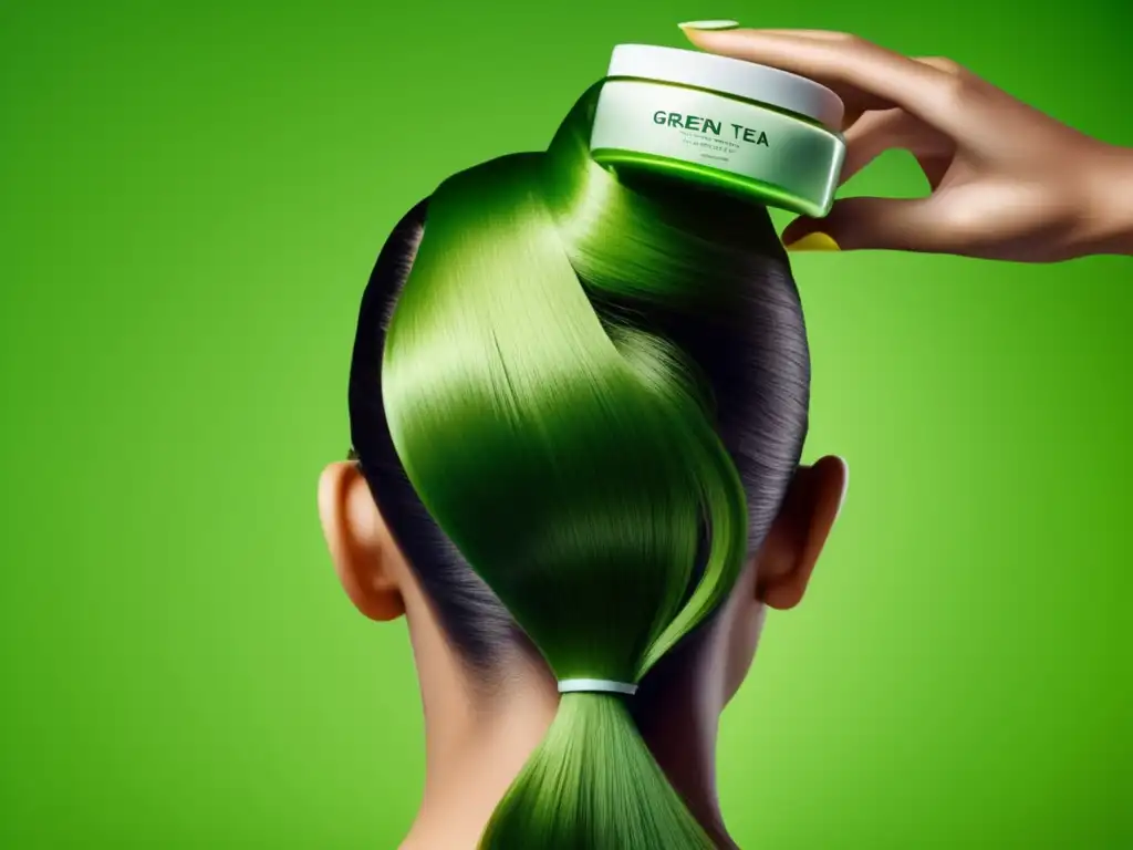 Aplicación de productos capilares con infusión de té verde para prevenir la caída del cabello, con imágenes ultradetalladas y efectos revitalizantes