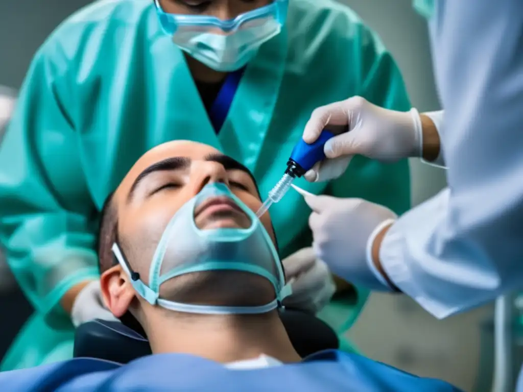 Experto administrando anestesia en trasplante capilar Un profesional médico administra anestesia con cuidado durante un trasplante capilar, transmitiendo experticia y atención