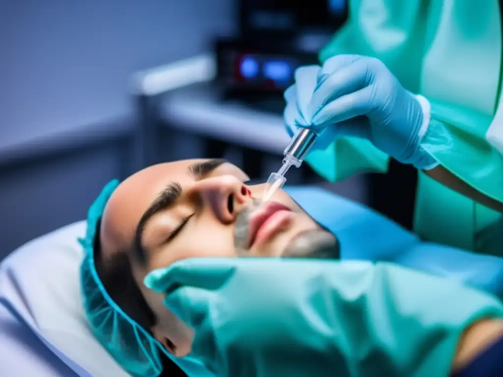 Experto en Anestesia: Precisión y Cuidado en Trasplante Capilar Un profesional médico administra con precisión la anestesia en trasplante capilar, transmitiendo calma y experticia en un entorno clínico moderno