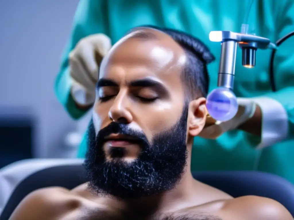 Un profesional médico realiza un tratamiento de PRP en un trasplante capilar, mostrando el proceso detallado y la atención experta