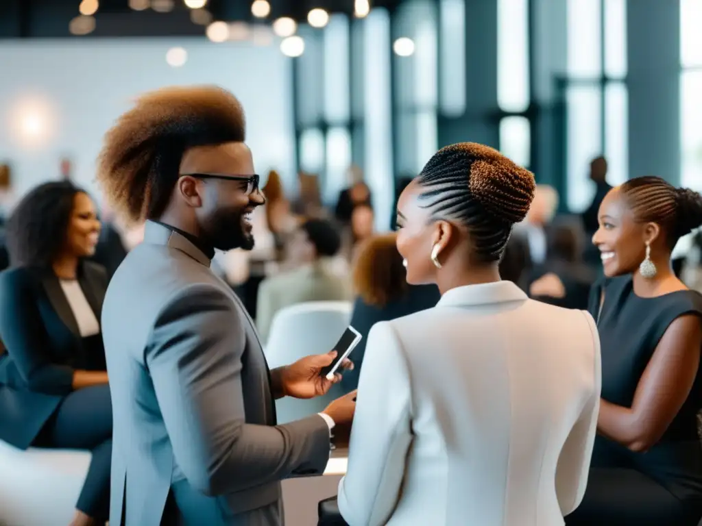 Profesionales de la salud capilar en un evento de networking, intercambiando ideas y oportunidades de colaboración.