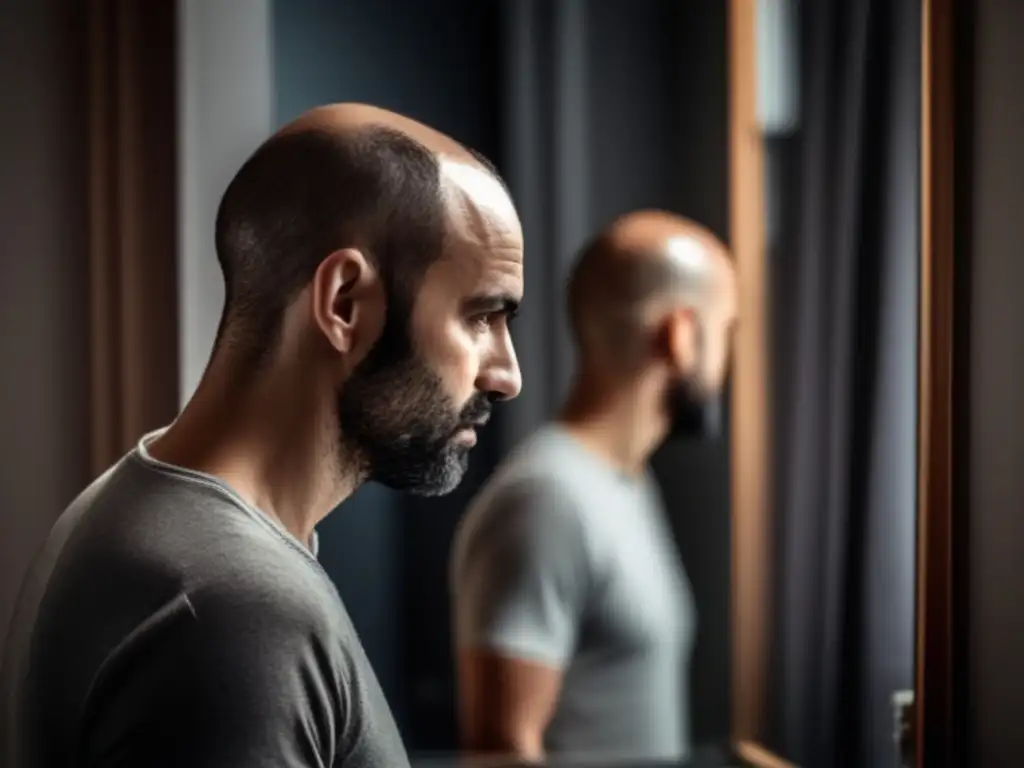 Reflejo en el espejo de una persona preocupada por la relación entre pérdida de cabello y alcohol, con signos visibles de adelgazamiento del cabello y calvicie