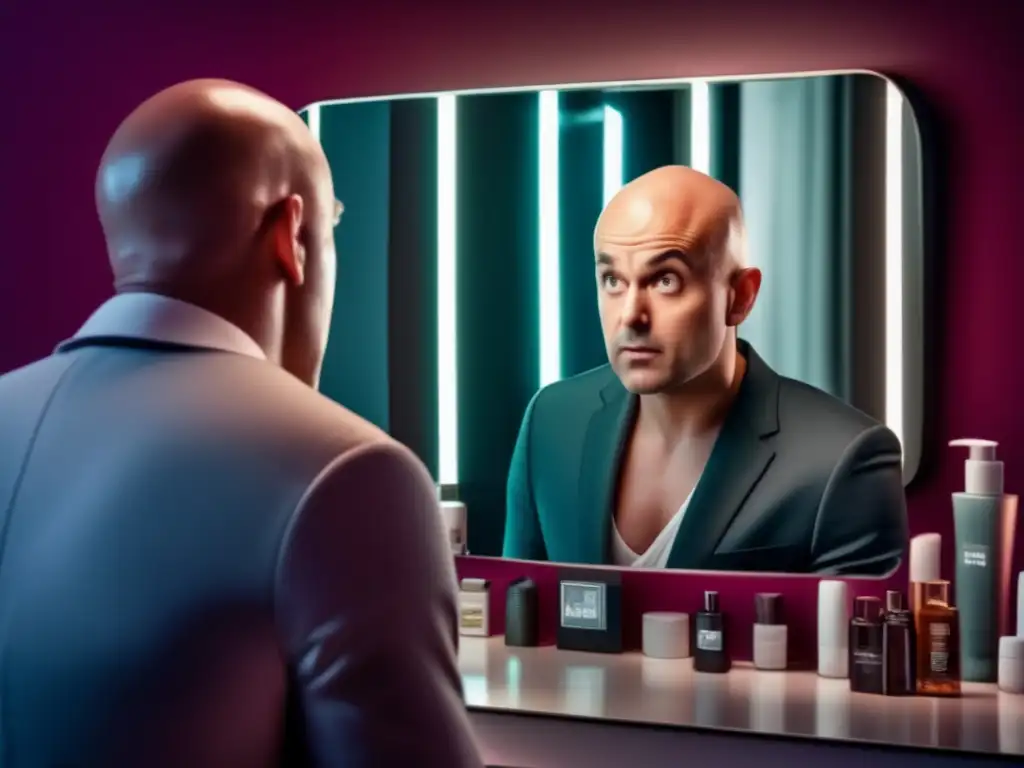 Reflejo ético en publicidad tratamientos pérdida cabello, persona calva mirándose al espejo con expresión preocupada ante anuncios llamativos.