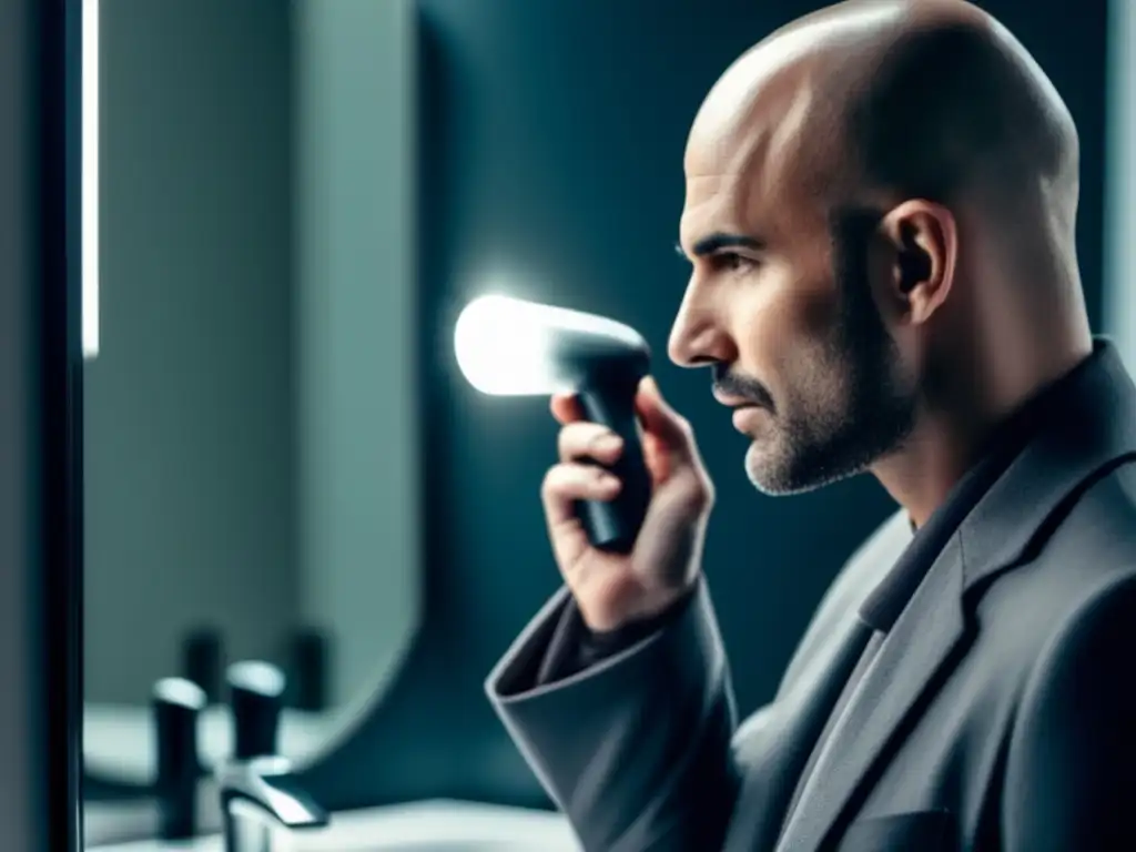 Reflejo de un hombre en el espejo, tocando su cabeza calva y sosteniendo un tratamiento para la regeneración del cabello