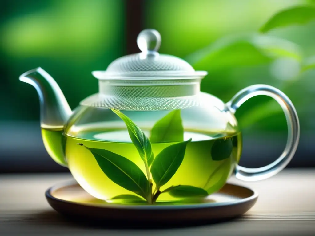 Preparación relajante de té verde con hojas frescas en teapot transparente, prevención caída cabello té verde