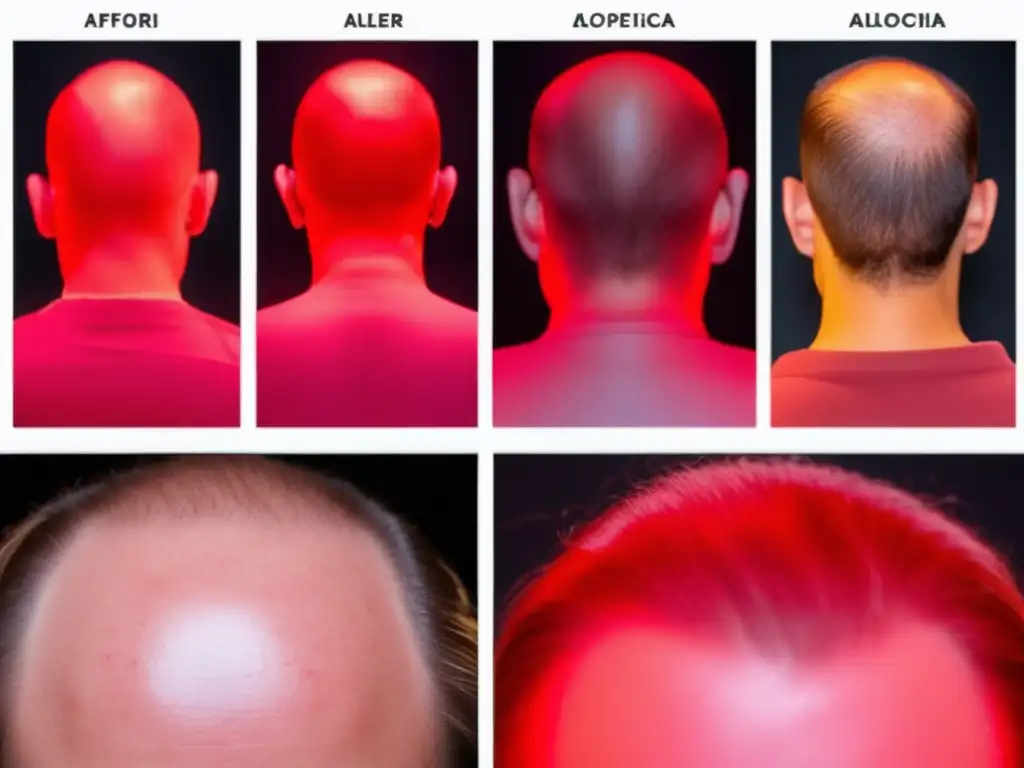 Resultados de terapia de luz roja para alopecia: imágenes detalladas de antes y después, demostrando rejuvenecimiento capilar y evidencia científica