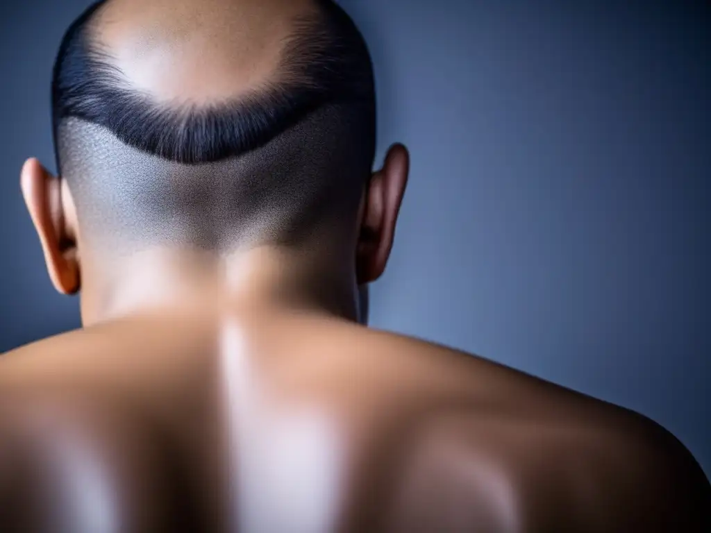 Patrón de pérdida de cabello en alta resolución: Confianza y empoderamiento Retrato en alta resolución de una persona con pérdida de cabello, mostrando la textura detallada del cuero cabelludo