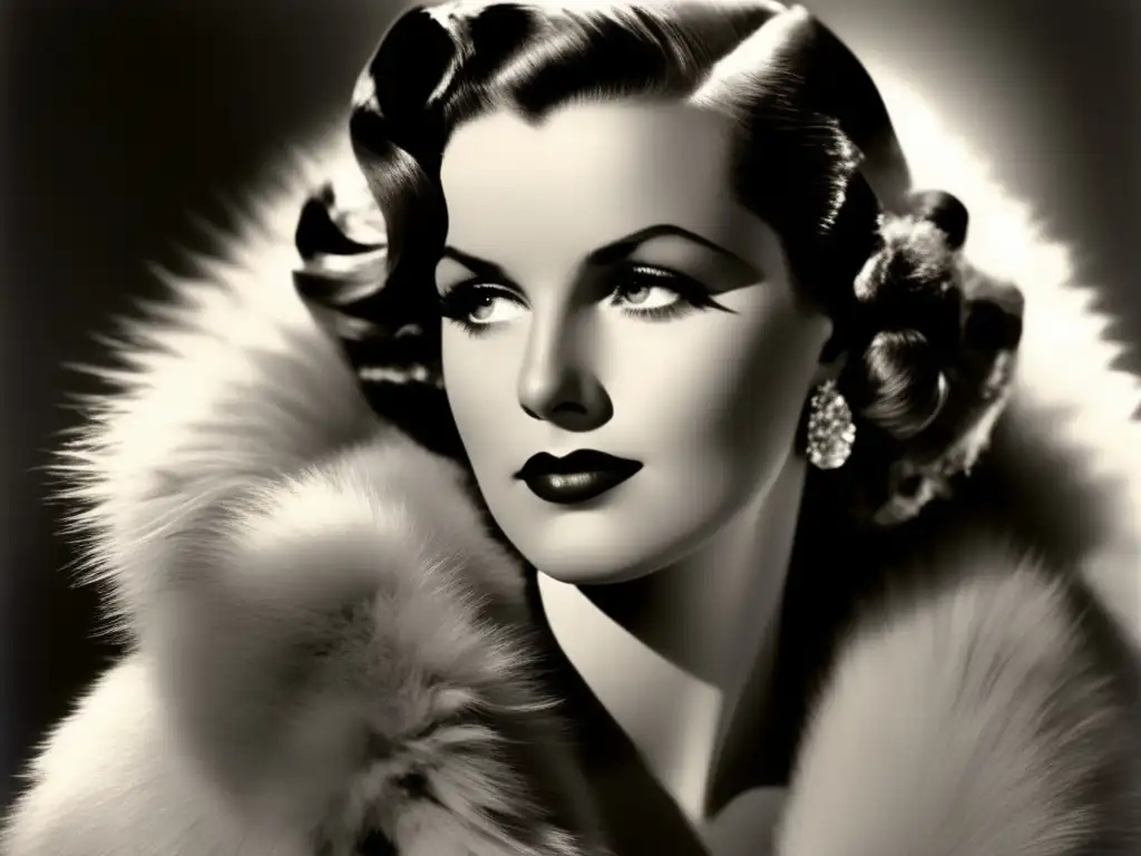 Retrato en blanco y negro de una glamorosa actriz de Hollywood de los años 30 o 40, con peinado impecable y estola de piel, exudando elegancia y sofisticación