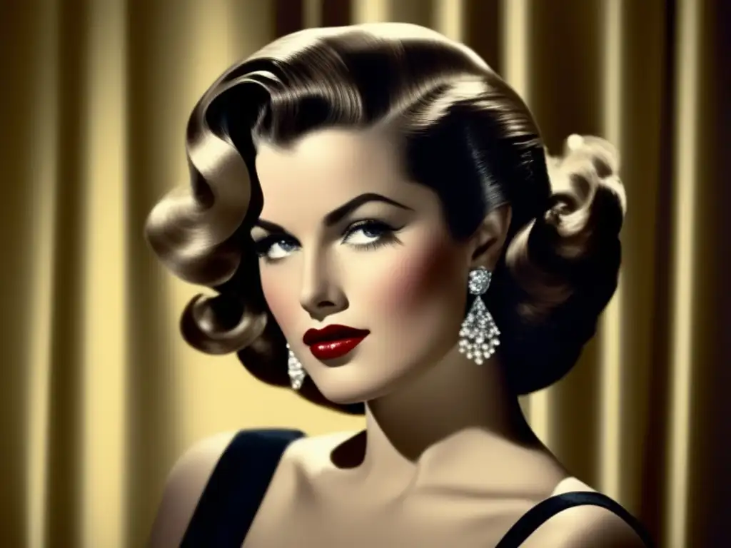 Retrato detallado de una estrella glamorosa de la era dorada de Hollywood, con ondas voluminosas impecablemente peinadas, que evoca la elegancia atemporal y la influencia en la percepción de la belleza capilar Hollywood