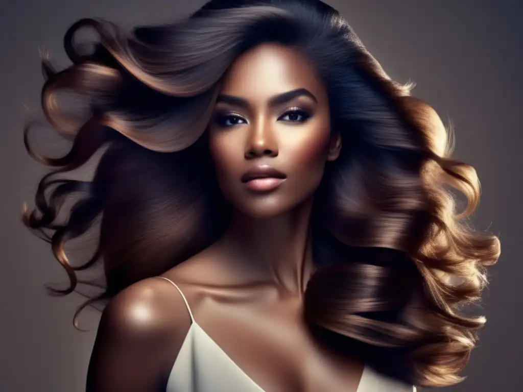 Retrato detallado de una mujer con cabello grueso y radiante, exudando confianza y elegancia moderna