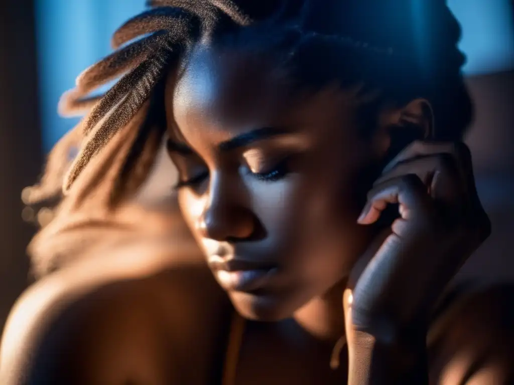 Un retrato detallado de una persona frente al espejo, acariciando suavemente su cabello con expresión introspectiva