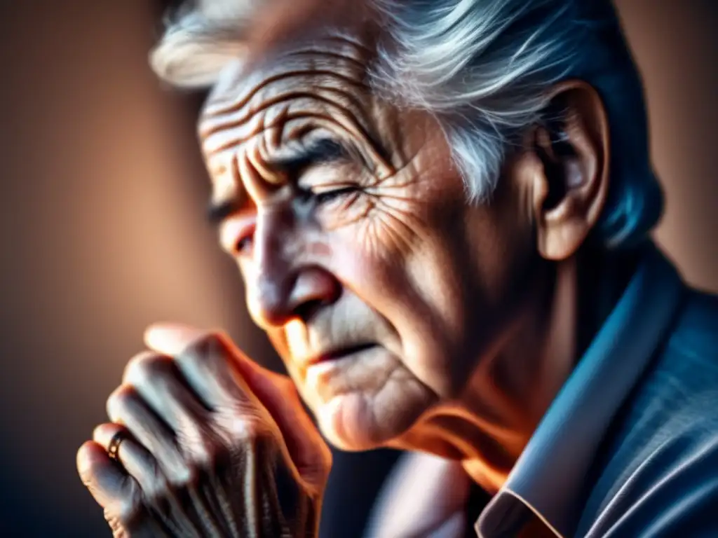 Retrato detallado de una persona mayor acariciando su cabello con ternura, expresando sabiduría y experiencia